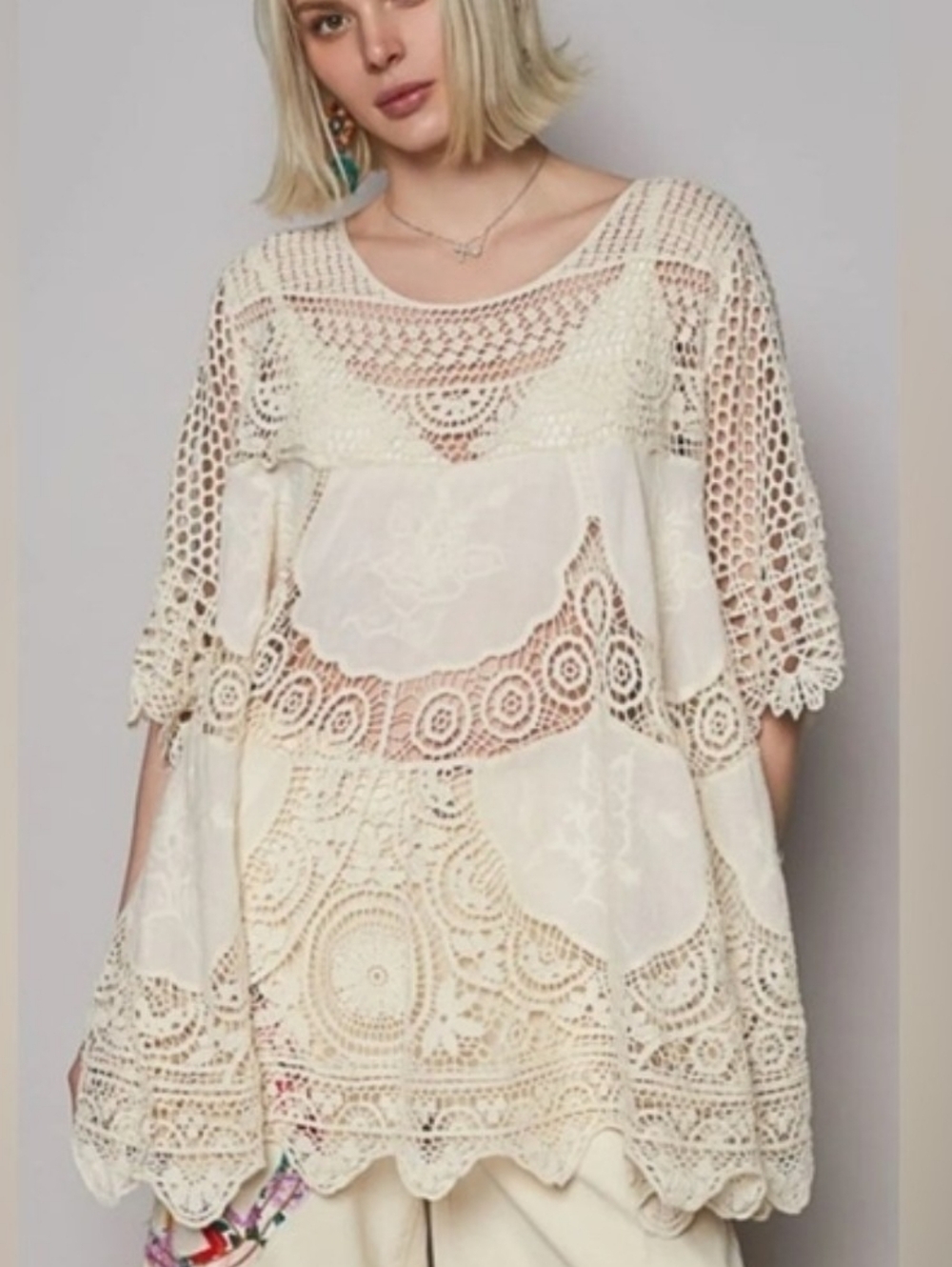 💎 POL Women's Top Crochet Lace Boho Tunic Top Cream
